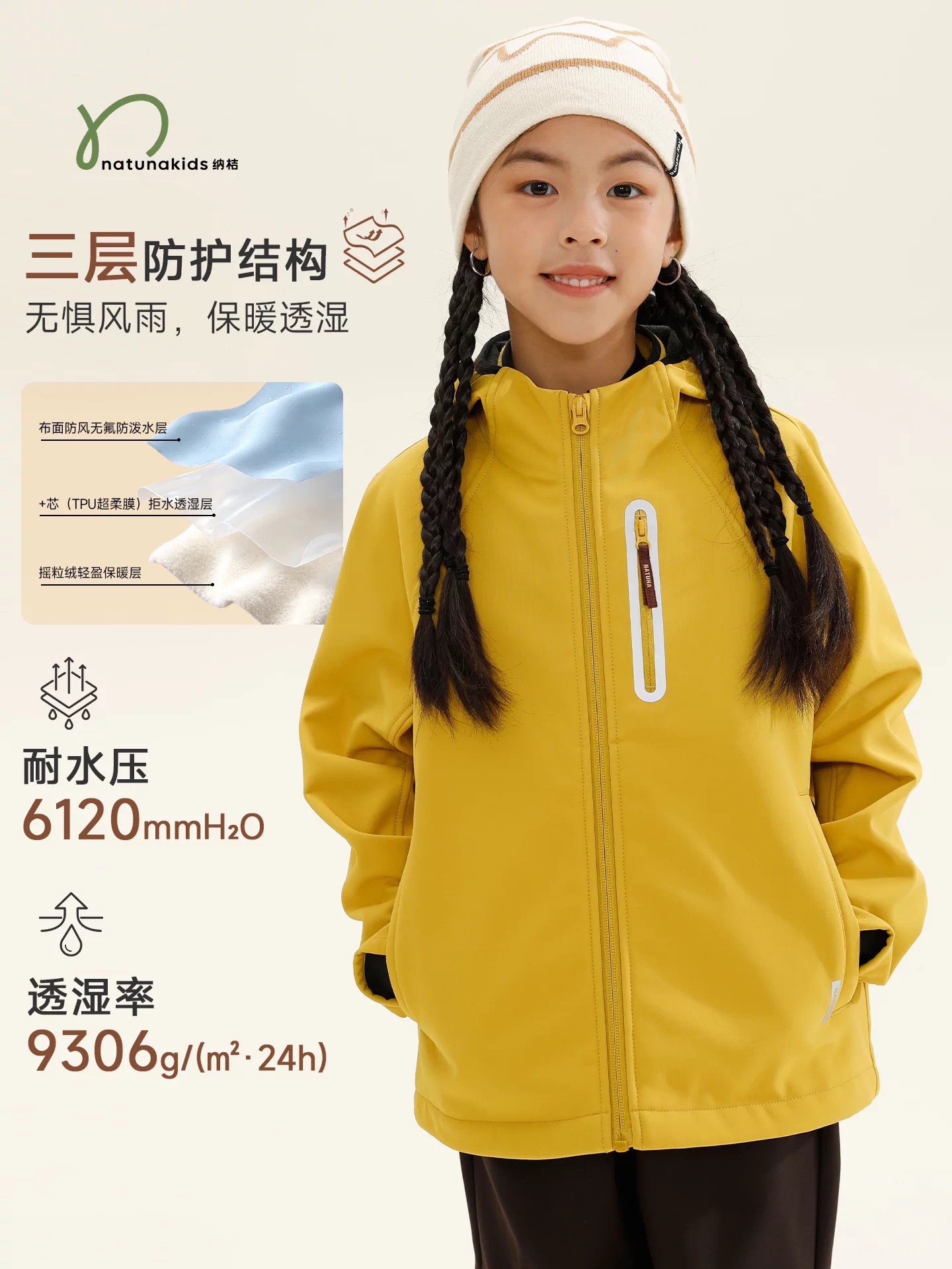黄色立领拉链外套，正面穿着
